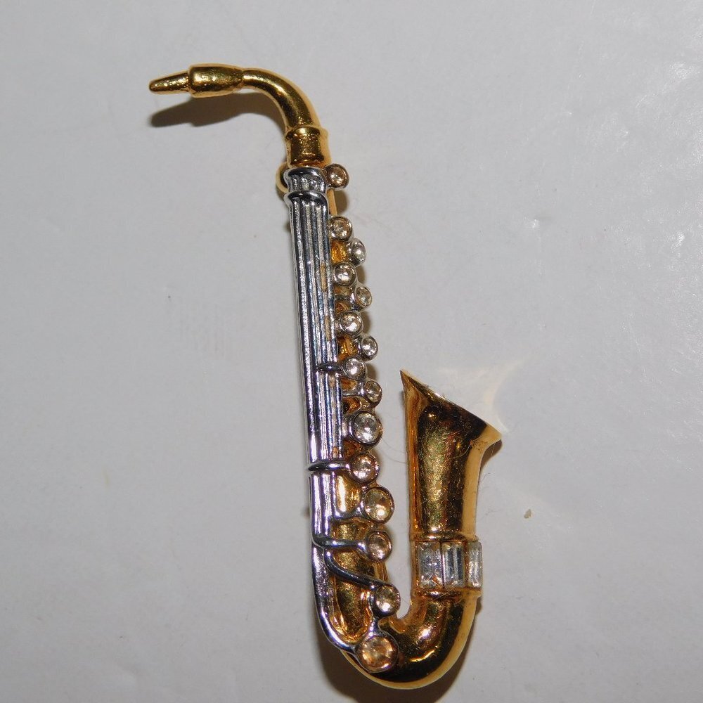 Saxophone Brooch Silver Gold tone Rhinestones Sax